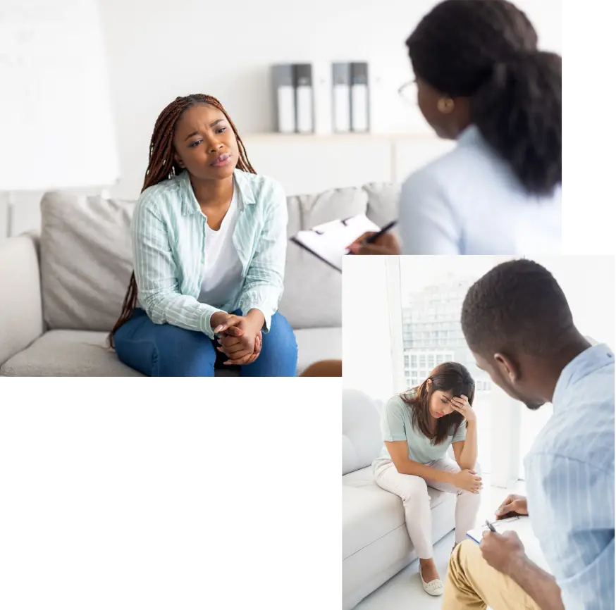 Two images show therapy sessions. In the first, a person listens intently to a therapist on a sofa. The second shows a person holding their head, conveying stress.